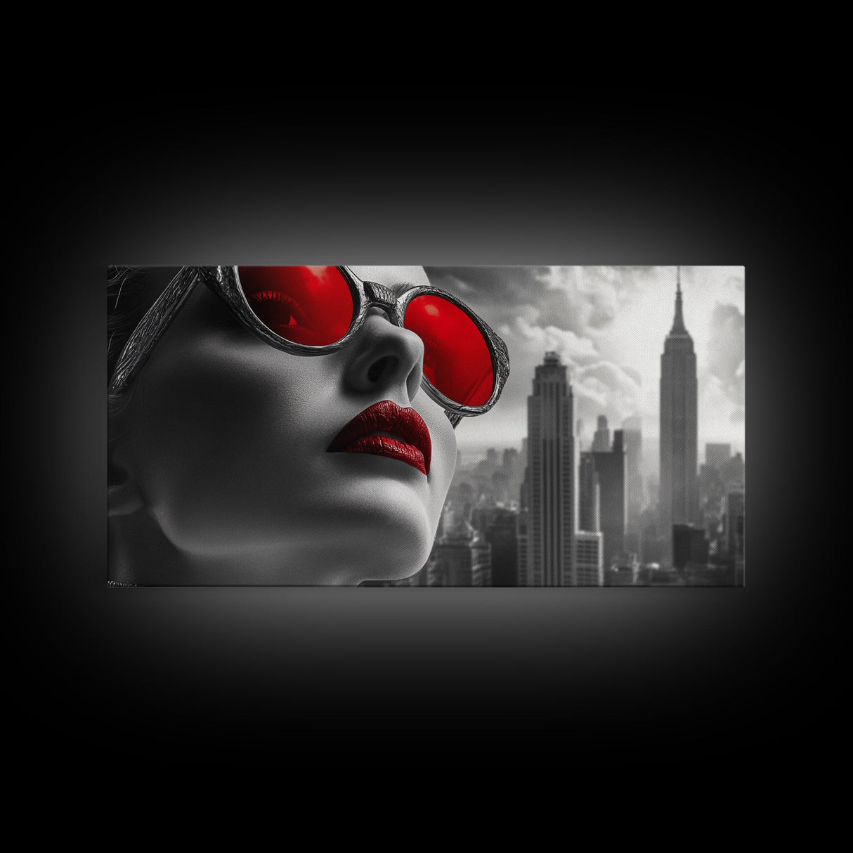 Red Lips, Urban Glam, High Fashion, City Vibes – Framed Canvas Print, Modern Pop Art, Living Room Wall Art, Bold Aesthetic, Edgy Decor
