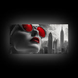 Red Lips, Urban Glam, High Fashion, City Vibes – Framed Canvas Print, Modern Pop Art, Living Room Wall Art, Bold Aesthetic, Edgy Decor
