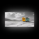 Yellow Cabin, Frozen Lake, Snowy Escape, Winter Minimalism – Framed Canvas Print, Scandinavian Wall Art, Cozy Living Room, Nordic Style