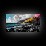 Vibrant Coastline, Yellow Cliff, Blue Ocean, Tropical Escape – Framed Canvas Print, Beach Wall Art, Boho Decor, Hawaii Inspired Room Vibe