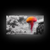 Orange Jellyfish, Floating Creature, Surreal Sky, Dreamlike Scene – Canvas Print, Nautical Wall Art, Living Room Piece, Ocean Fantasy