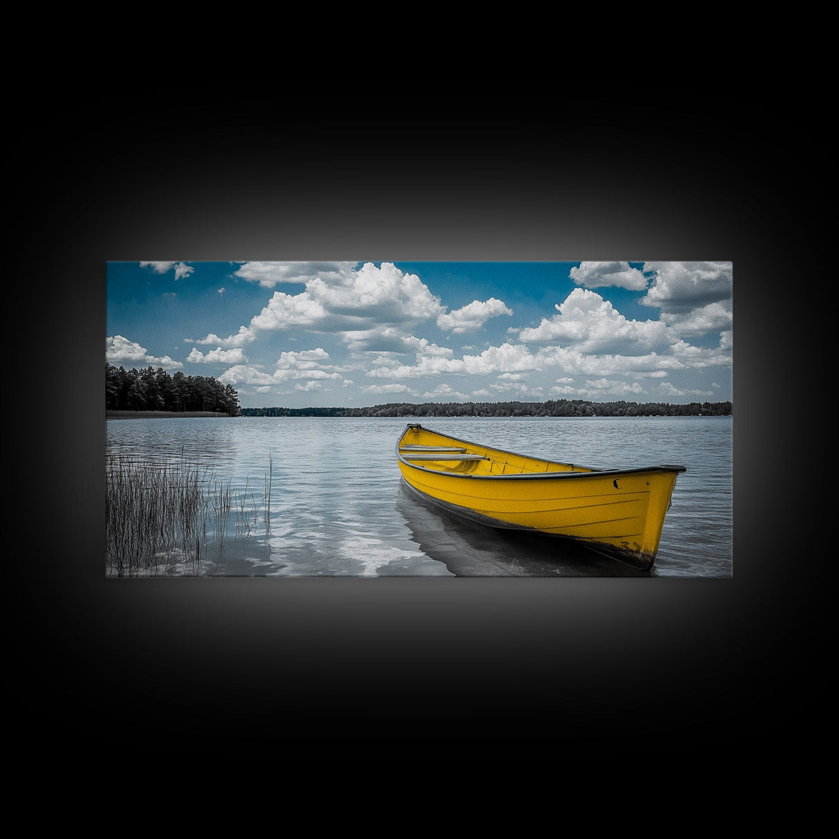 Yellow Rowboat, Calm Waters, Blue Sky, Sunny Lake – Framed Canvas Print, Summer Wall Art, Coastal Decor, Modern Nautical Style