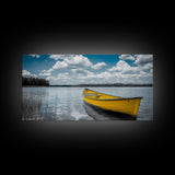 Yellow Rowboat, Calm Waters, Blue Sky, Sunny Lake – Framed Canvas Print, Summer Wall Art, Coastal Decor, Modern Nautical Style