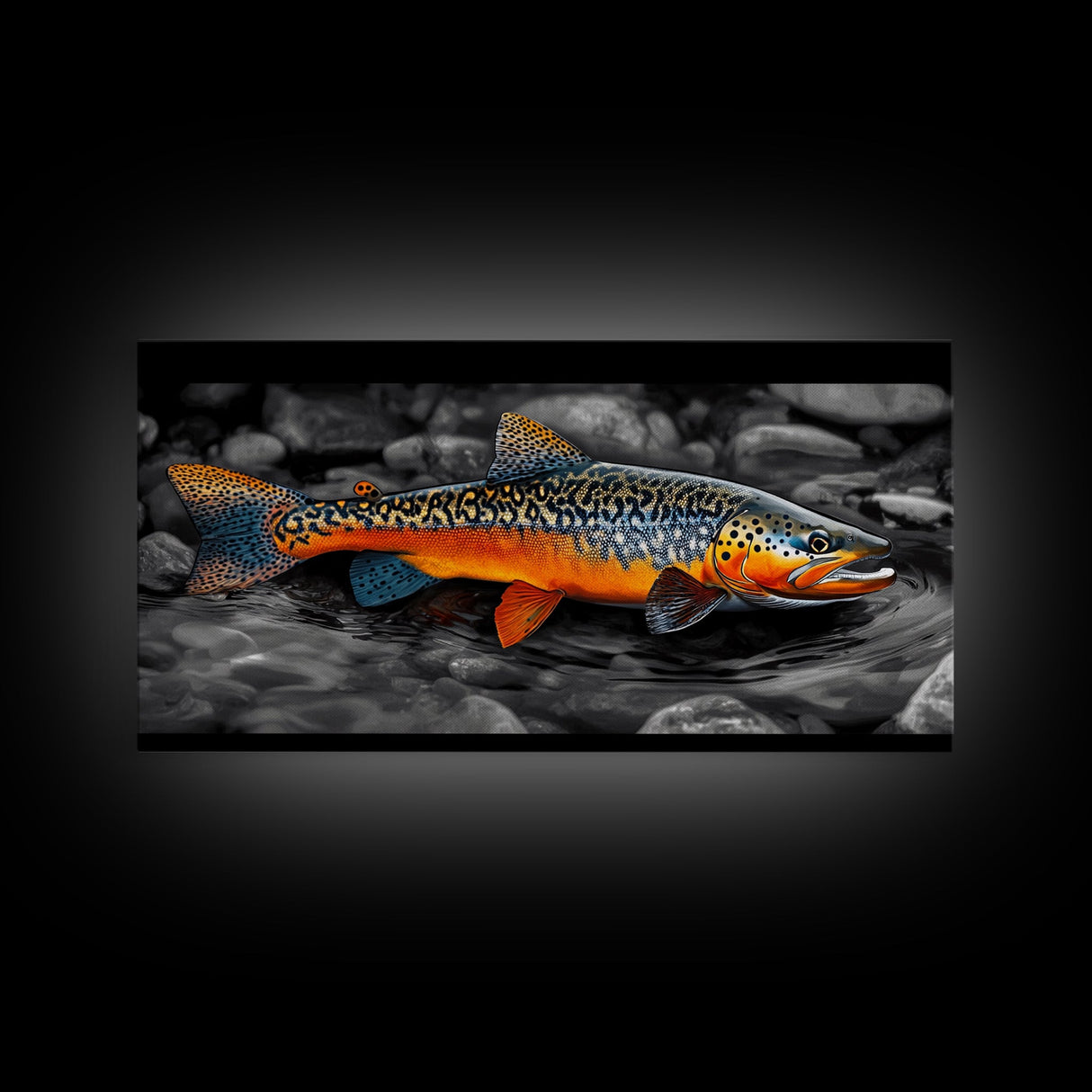 Rainbow Trout, Colorful Fish, Bold Patterns, River Stream – Framed Canvas Print, Fishing Wall Art, Cabin Decor, Rustic Wildlife