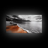 Sunset Shore, Moody Coastline, Crimson Reflections, Stormy Skies – Framed Canvas Print, Beach Wall Art, Coastal Living Room Decor