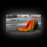 Towel Beach, Ocean Breeze, Coastal Comfort, Relaxing Seascape, Framed Canvas Print, Bathroom Wall Art, Bold Colors, Summer Vibes