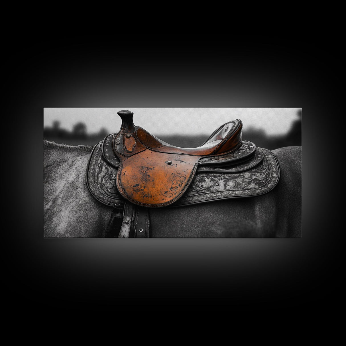 Western Saddle, Leather Detail, Horseback Art, Rustic Charm, Framed Canvas Print, Cowboy Wall Art, Farmhouse Decor, Equestrian Living Room