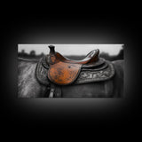 Western Saddle, Leather Detail, Horseback Art, Rustic Charm, Framed Canvas Print, Cowboy Wall Art, Farmhouse Decor, Equestrian Living Room