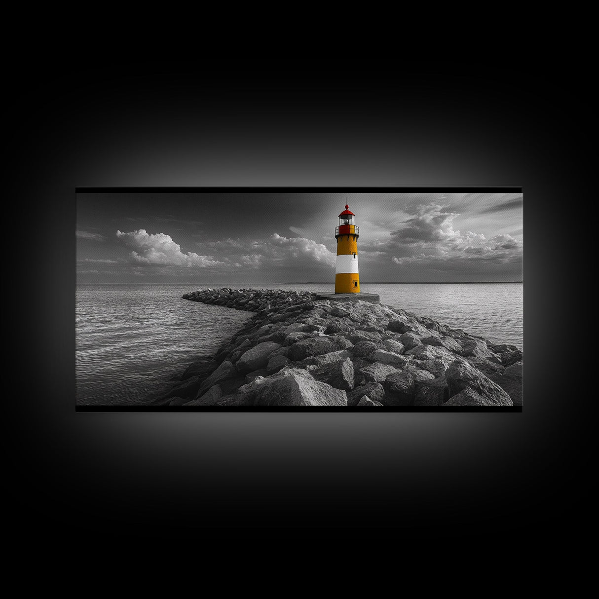 Yellow Lighthouse, Stone Jetty, Coastal Clouds, Nautical Scene, Framed Canvas Print, Coastal Wall Art, Office Decor, Lighthouse Photography