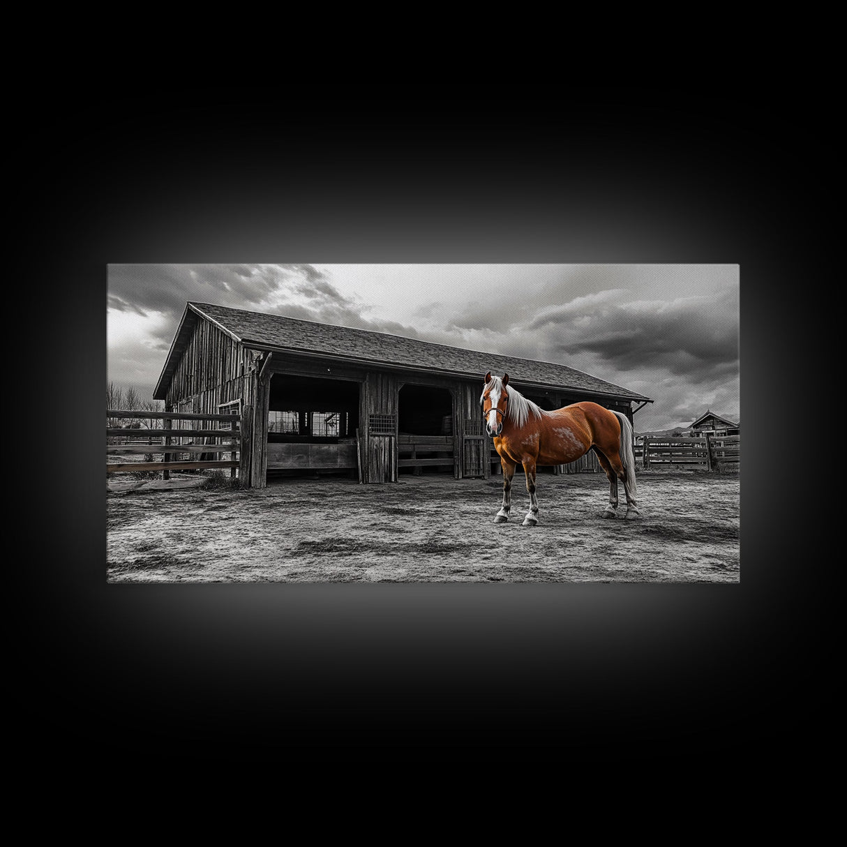 Rustic Horse, Country Barn, Moody Sky, Farm Vibes, Framed Canvas Print, Western Decor, Farmhouse Wall Art, Living Room Accent, Fall Art