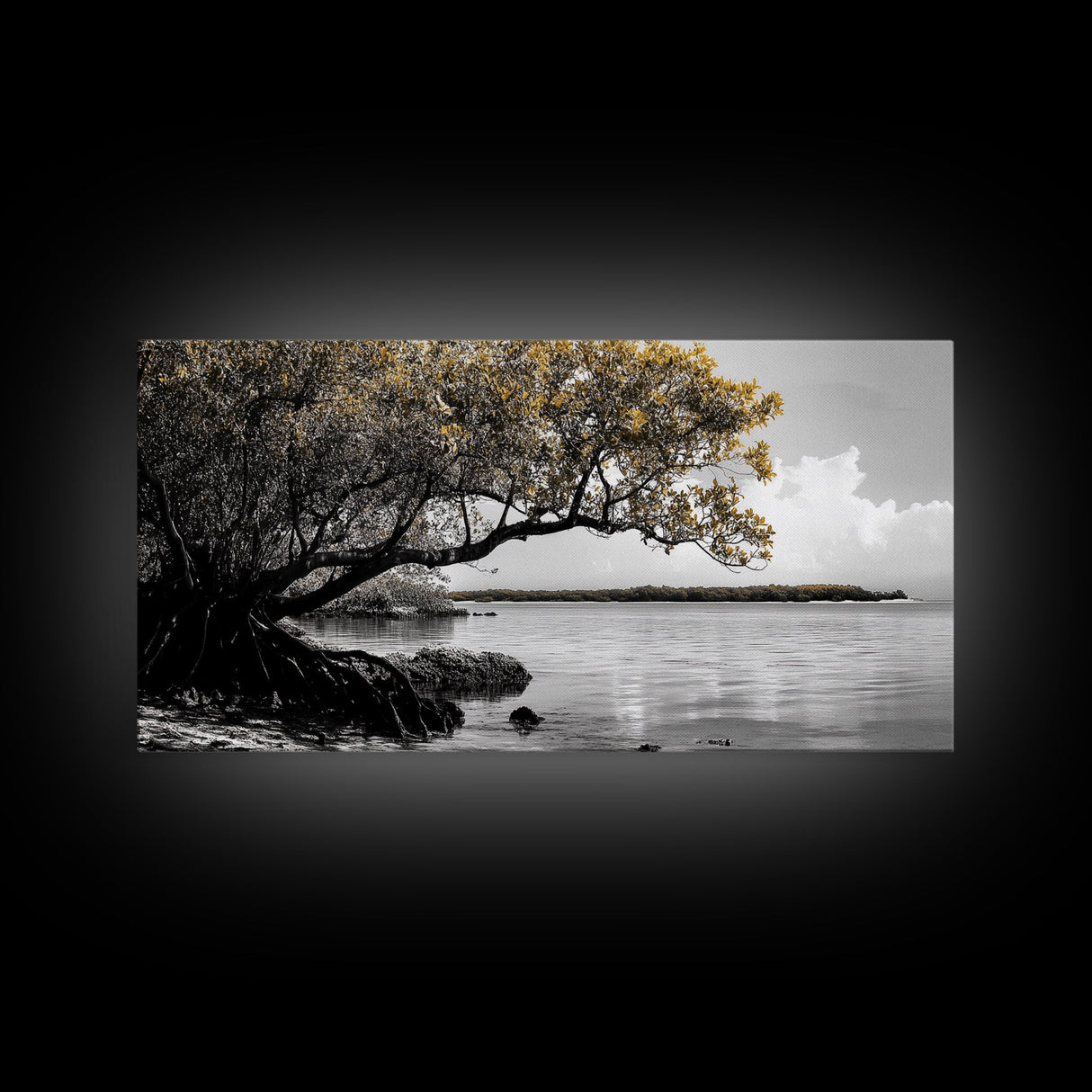 Mangrove Tree, Coastal Roots, Golden Leaves, Ocean View, Framed Canvas Print, Beach House Art, Nature Wall Decor, Minimal Coastal Vibe