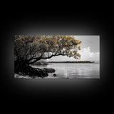 Mangrove Tree, Coastal Roots, Golden Leaves, Ocean View, Framed Canvas Print, Beach House Art, Nature Wall Decor, Minimal Coastal Vibe