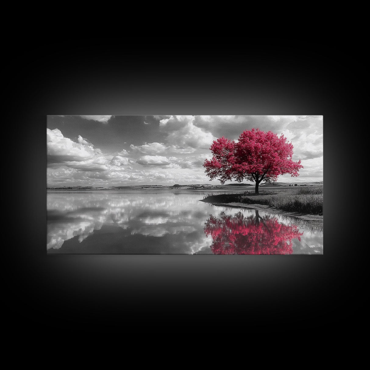 Pink Tree Reflections, Minimal Nature Art, Monochrome Landscape Canvas Print, Tranquil Bedroom or Living Room Wall Decor
