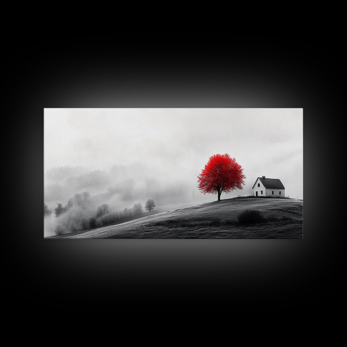 Red Tree Hilltop, Serene Winter Landscape, Peaceful Country Decor, Misty Morning Wall Art, Framed Canvas Print, Minimalist Bedroom Art