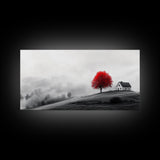 Red Tree Hilltop, Serene Winter Landscape, Peaceful Country Decor, Misty Morning Wall Art, Framed Canvas Print, Minimalist Bedroom Art