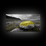 Yellow Moss Rock, Moody Nature Photography, Icelandic Landscape Art, Wilderness Inspired Canvas Print, Rustic Cabin Wall Decor