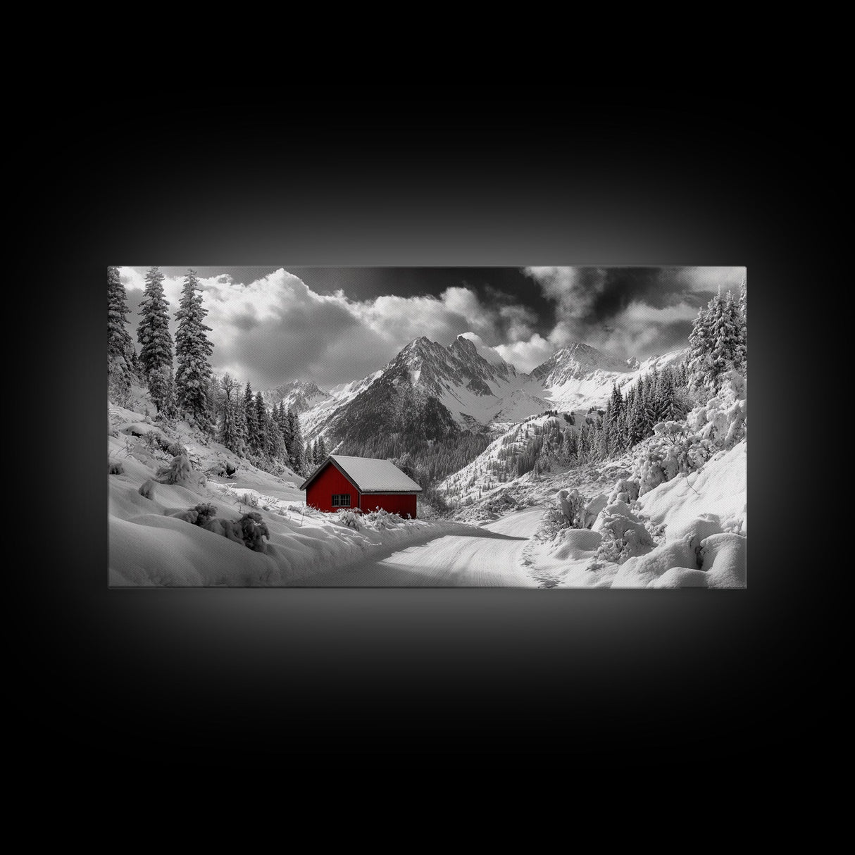 Red Cabin, Winter Mountains, Snow Forest, Canvas Print, Christmas Wall Art, Rustic Lodge Decor, Landscape Photography, Bedroom Art