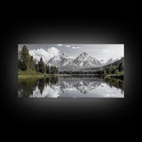 Serene Lake, Snowy Peaks, Forest Reflection, Canvas Print, Nature Photography, Modern Living Room Art, Black White Green Decor