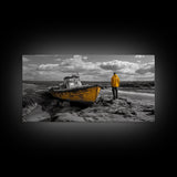 Yellow Boat, Lonely Man, Moody Shore, Framed Canvas Print, Coastal Wall Art, Nautical Decor, Masculine Home Office Style