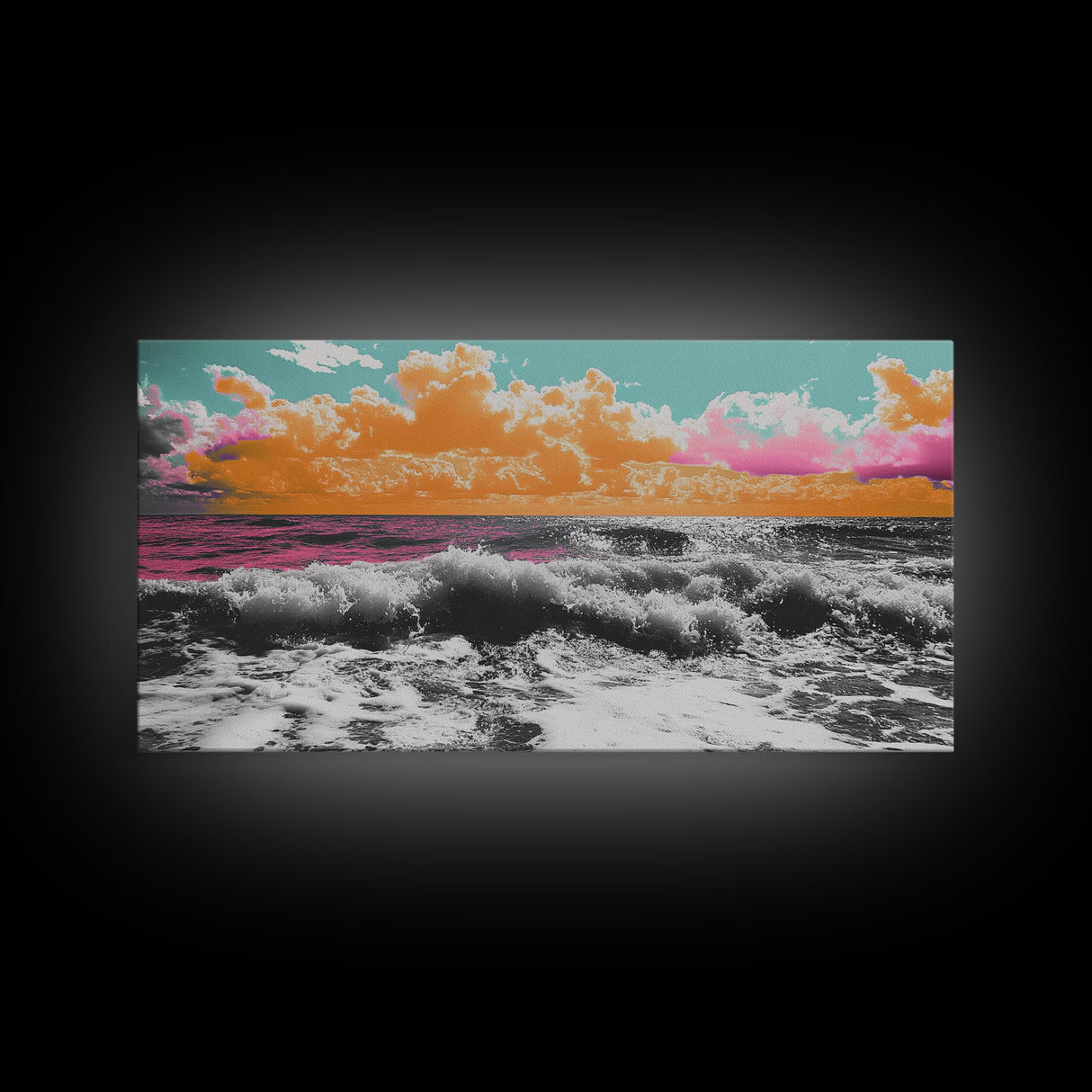 Vibrant Ocean, Sunset Sky, Colorful Waves, Canvas Print, Surreal Coastal Wall Art, Bathroom Decor, Modern Beach Aesthetic