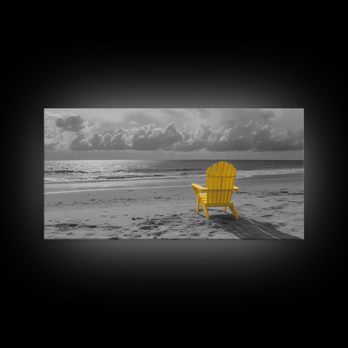 Yellow Chair, Tranquil Beach, Ocean Horizon, Canvas Print, Minimalist Beach Wall Art, Guest Room Decor, Calm Coastal Scene