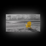 Yellow Chair, Tranquil Beach, Ocean Horizon, Canvas Print, Minimalist Beach Wall Art, Guest Room Decor, Calm Coastal Scene