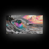 Neon Wave, Tropical Sunset, Bold Ocean Art, Framed Canvas Print, Color Pop Wall Decor, Surfer Room Style, Coastal Vibe Art