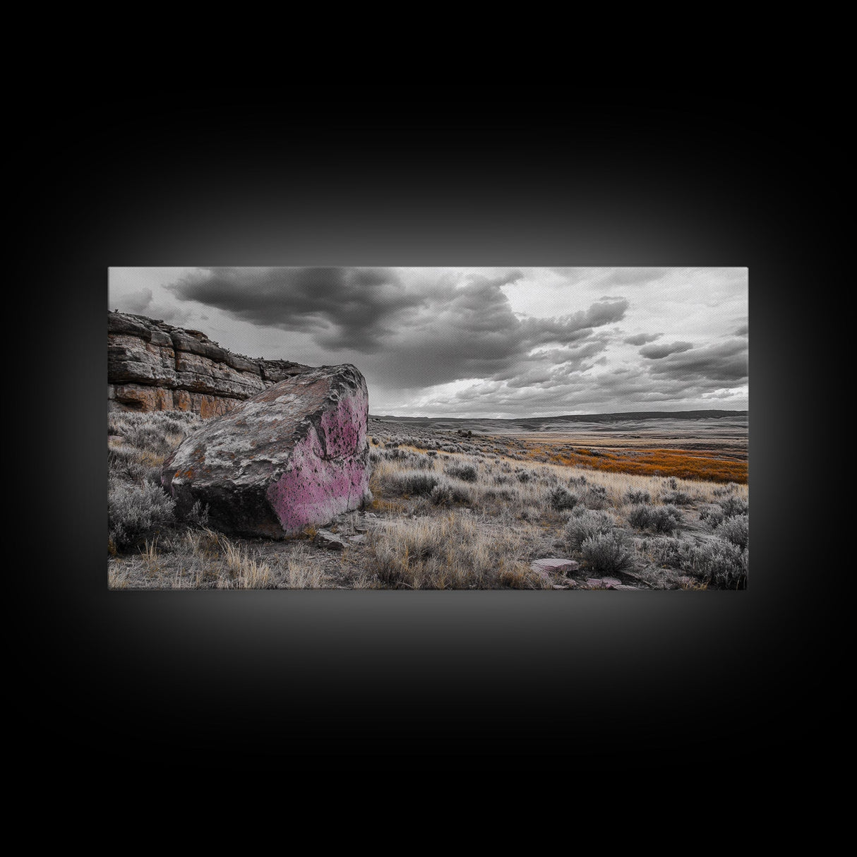 Painted Boulder, Wild Plains, Desert Glow, Framed Canvas Print, Fall Wall Art, Rustic Decor, Southwestern Art, Landscape Photography