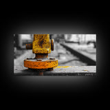 Industrial Bolt Closeup, Yellow Metal, Grunge Texture, Modern Industrial Art, Framed Canvas Print, Garage Wall Decor, Urban Loft Style