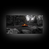 Forest Campfire, Glowing Flames, Outdoor Retreat, Cozy Autumn, Framed Canvas Print, Rustic Wall Decor, Fall Living Room Art, Nature Scene
