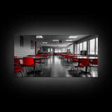 Red Chairs, Modern Cafeteria, Retro Seating, Pop Color Dining, Canvas Print, Kitchen Wall Art, Urban Minimalism, Bold Office Decor