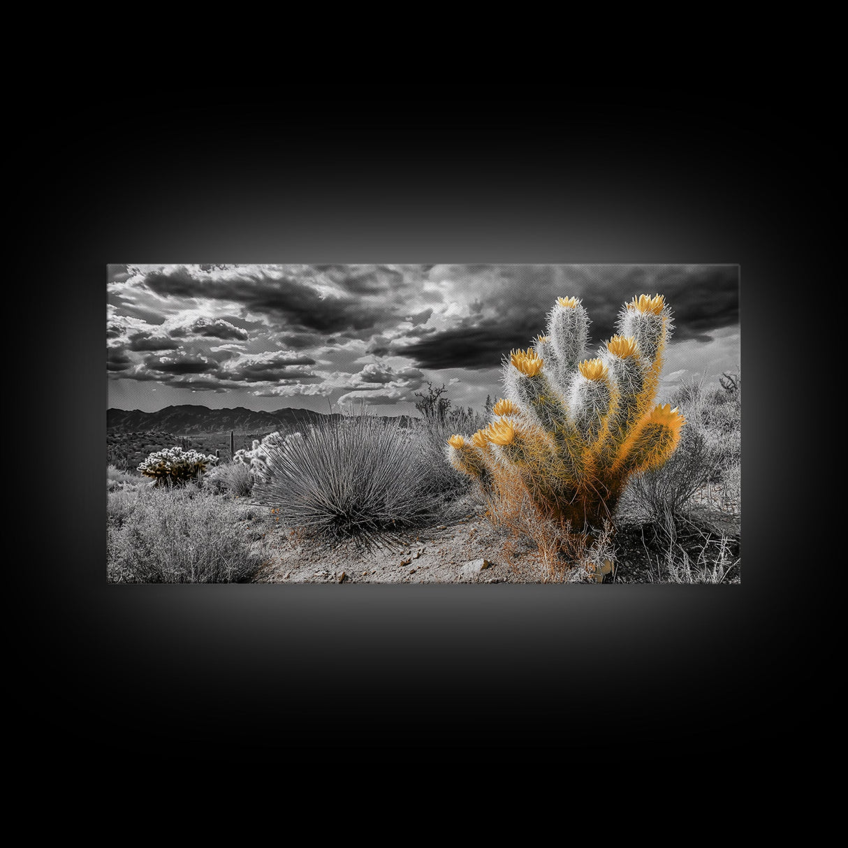 Golden Bloom Cactus, Desert Storm Landscape, Framed Canvas Print, Rustic Decor, Boho Western Art, Entryway Wall Art, Autumn Style