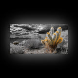 Golden Bloom Cactus, Desert Storm Landscape, Framed Canvas Print, Rustic Decor, Boho Western Art, Entryway Wall Art, Autumn Style