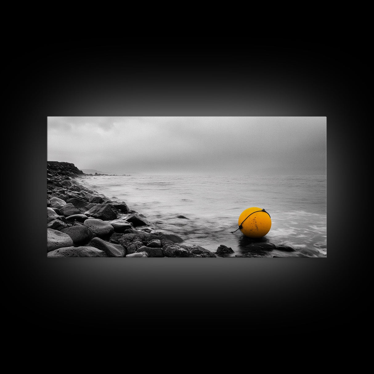 Yellow Buoy, Ocean Minimalism, Coastal Calm, Seaside Solitude, Canvas Print beach house wall decor, black and white modern art