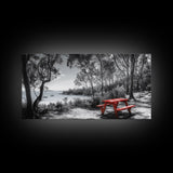 Red Picnic Table, Lakeside Spot, Forest Escape, Outdoor Moment, Framed Canvas Print nature wall art, rustic cabin decor, adventure print