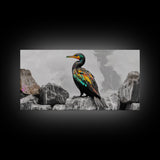 Vibrant Sea Bird, Colorful Wildlife Perch, Artistic Bird Feathers, Framed Canvas Print, Nature Wall Art, Office Decor, Boho Animal Style