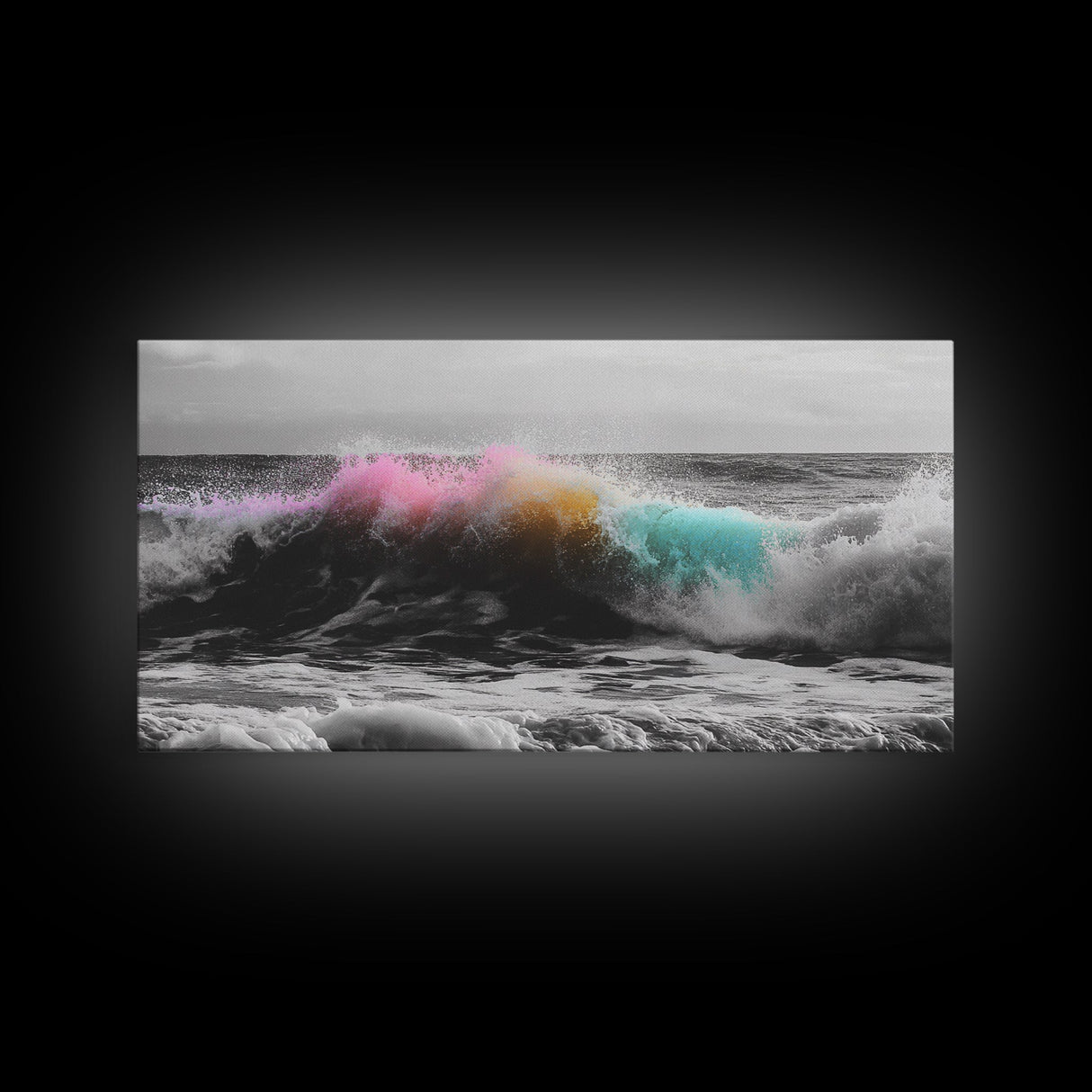 Rainbow Ocean Wave, Vibrant Sea Spray Art, Color Explosion Surf, Framed Canvas Print, Bathroom Wall Art, Coastal Modern Abstract