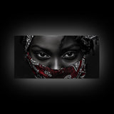 Fierce Eyes, Red Bandana, Bold Portrait, Afro Art, Framed Canvas Print, Bedroom Wall Art, Powerful Gaze, Monochrome With Red Accent