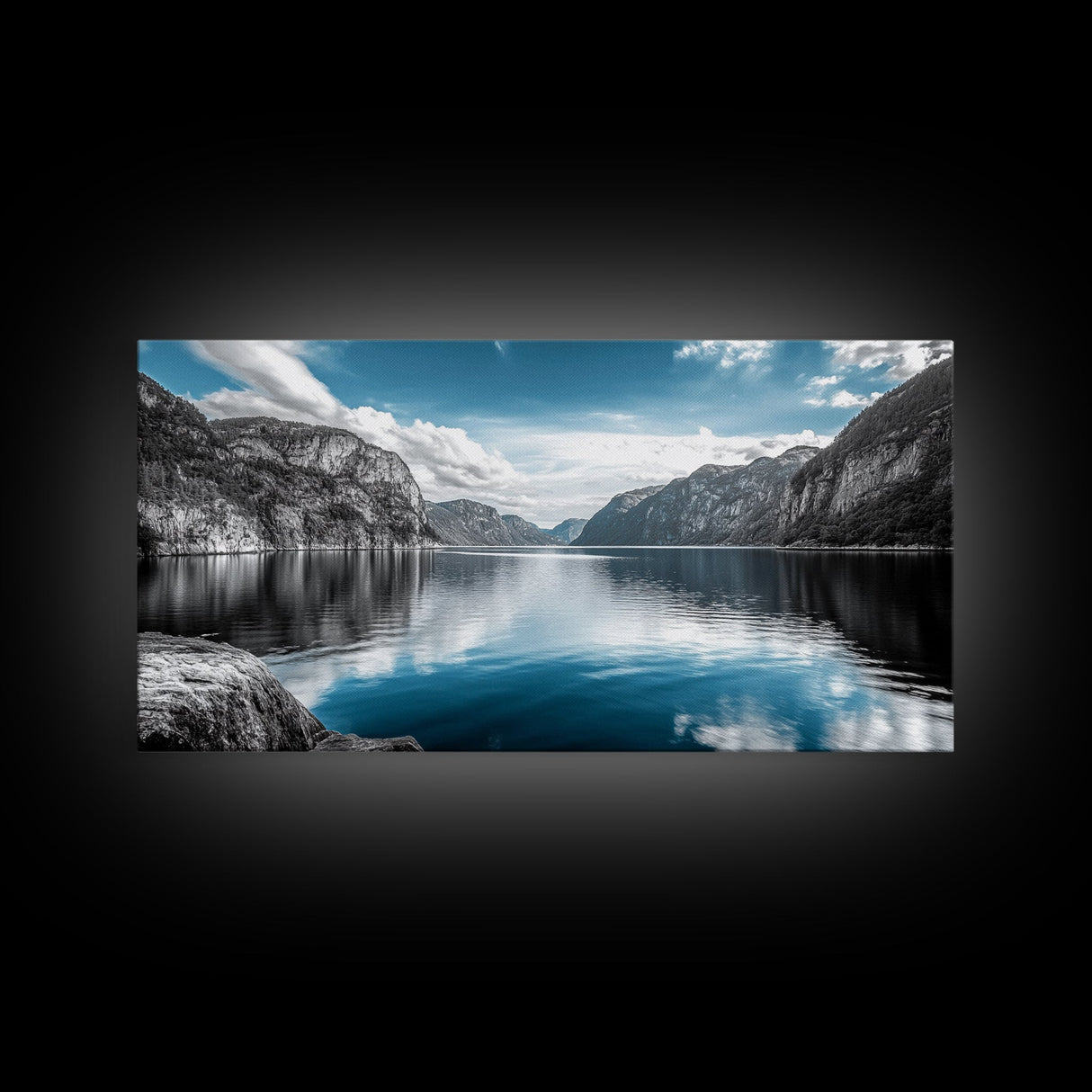 Mountain Lake, Blue Water, Fjord View, Canvas Print, Scandinavian Landscape, Calm Nature Wall Art, Office or Bedroom Modern Decor