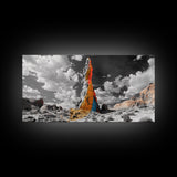 Color Rock Spire, Dramatic Sky, Desert Tower, Framed Canvas Print, Surreal Landscape Art, Southwest Decor, Living Room Adventure Vibe
