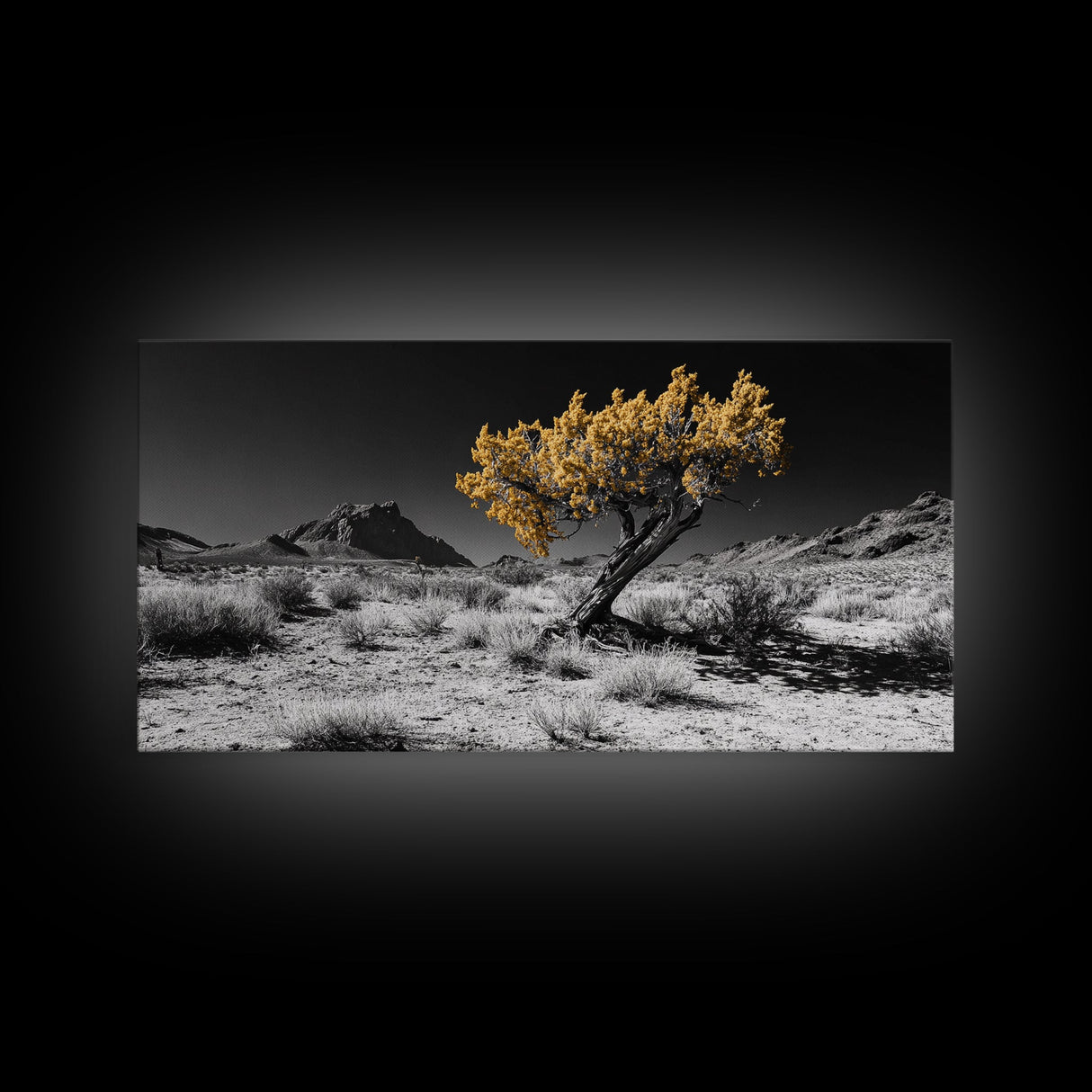 Golden Tree, Desert Landscape, Monochrome Background, Framed Canvas Print, Autumn Wall Art, Southwest Decor, Modern Boho Art Vibe