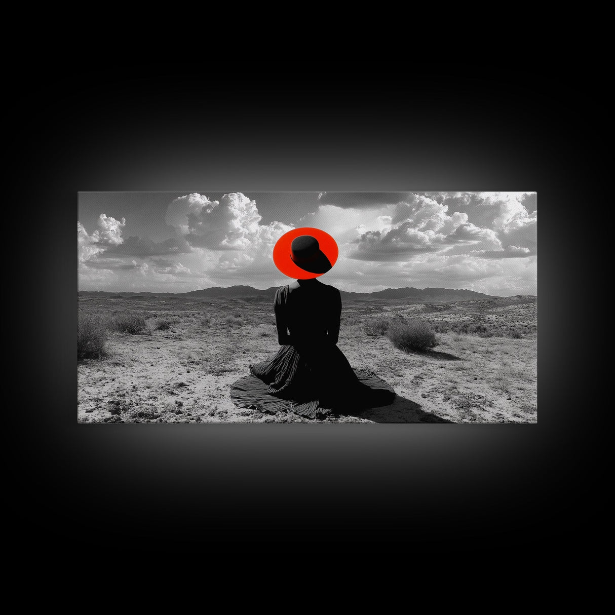 Red Hat Woman, Surreal Desert, Fashion Silhouette, Framed Canvas Print, Minimalist Wall Art, Bold Modern Decor, Bedroom Gallery Style