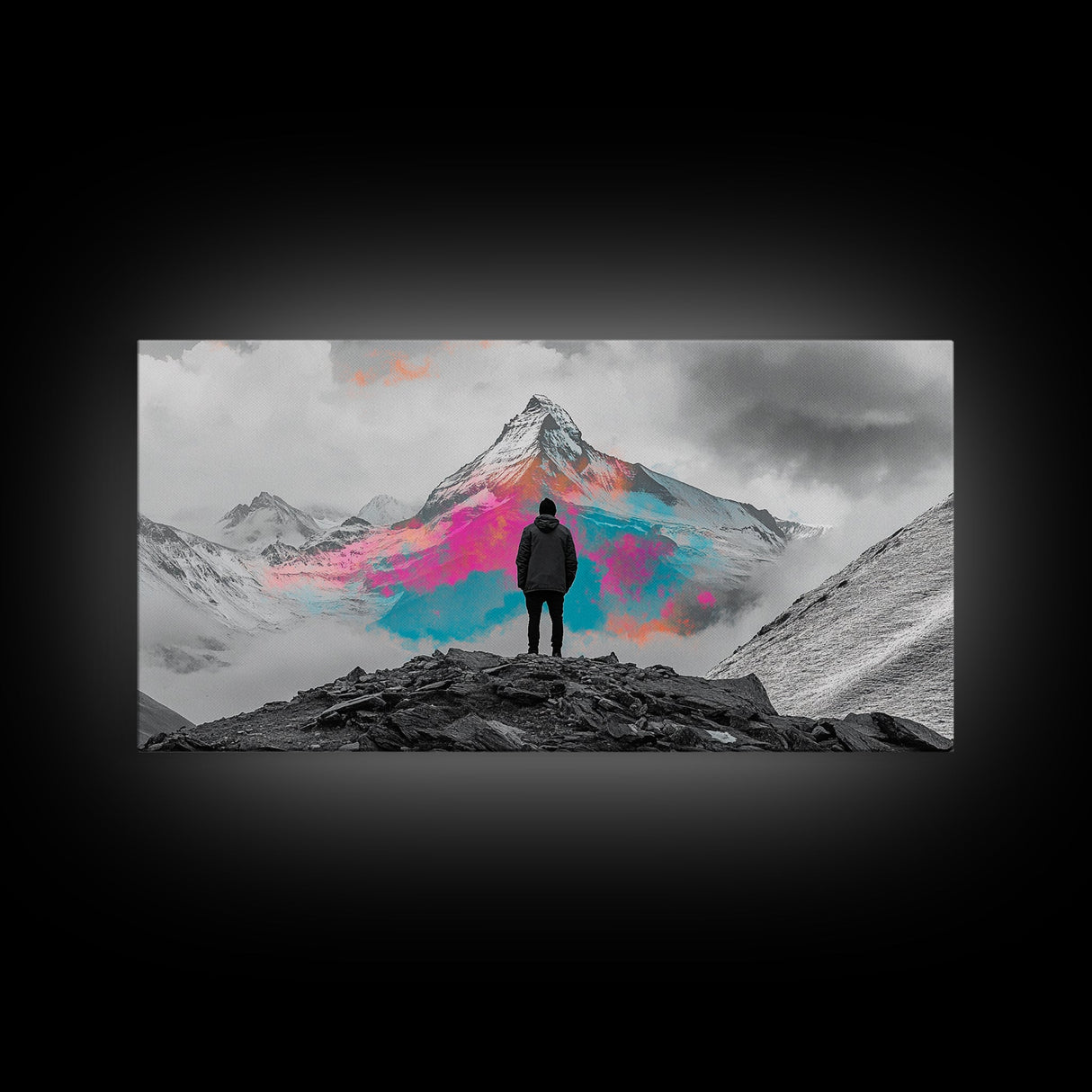 Rainbow Mountain, Vibrant Summit, Hiker Adventure, Canvas Print, Surreal Landscape Art, Wanderlust Wall Decor, Modern Office Artwork