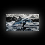 Jumping Dolphin, Ocean Splash, Monochrome Water, Framed Canvas Print, Coastal Wall Art, Bathroom Nautical Decor, Marine Life Photography