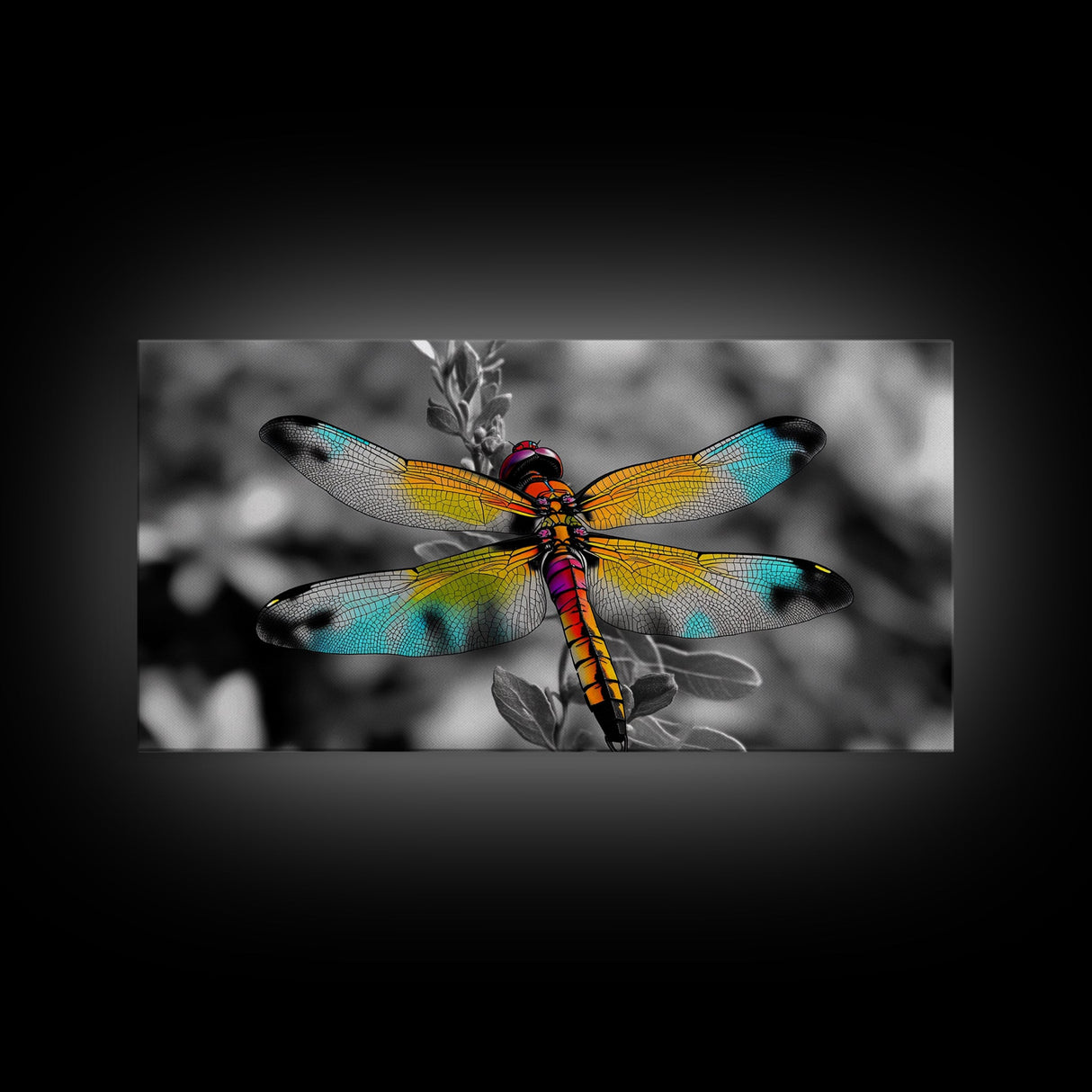 Rainbow Dragonfly, Nature Close-Up, Bold Insect Art, Canvas Print, Boho Wall Art, Botanical Decor, Vibrant Bedroom Accent Piece