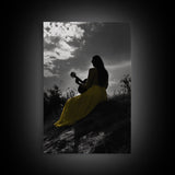 Yellow Dress, Guitar Girl, Sunset Silhouette Scene, Framed Canvas Print, Boho Music Lover Wall Art, Bedroom Fall Vibes Decor