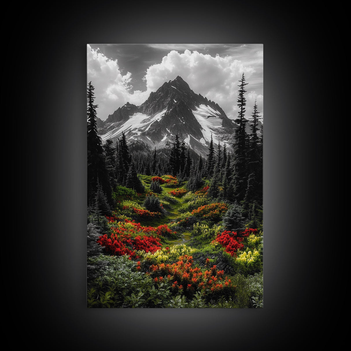 Mountain Flowers, Nature Trail, Alpine Beauty, Evergreen Path, Framed Canvas Print, Landscape Photography, Cabin Wall Art, Nature Decor