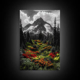 Mountain Flowers, Nature Trail, Alpine Beauty, Evergreen Path, Framed Canvas Print, Landscape Photography, Cabin Wall Art, Nature Decor
