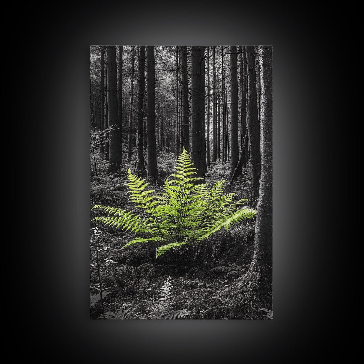 Green Fern, Forest Focus, Lush Nature, Woodland Light, Framed Canvas Print, Botanical Wall Art, Bedroom Decor, Minimalist Plant Art