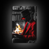 Red Jacket, Reading Firelight, Cozy Vibes, Stylish Man, Framed Canvas Print, Fall Wall Art, Office Decor, Modern Masculine Art